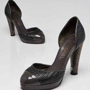 Chanel Argent/Grey Embossed Leather Cap Toe d'Orsay Pumps Size 5.5/36